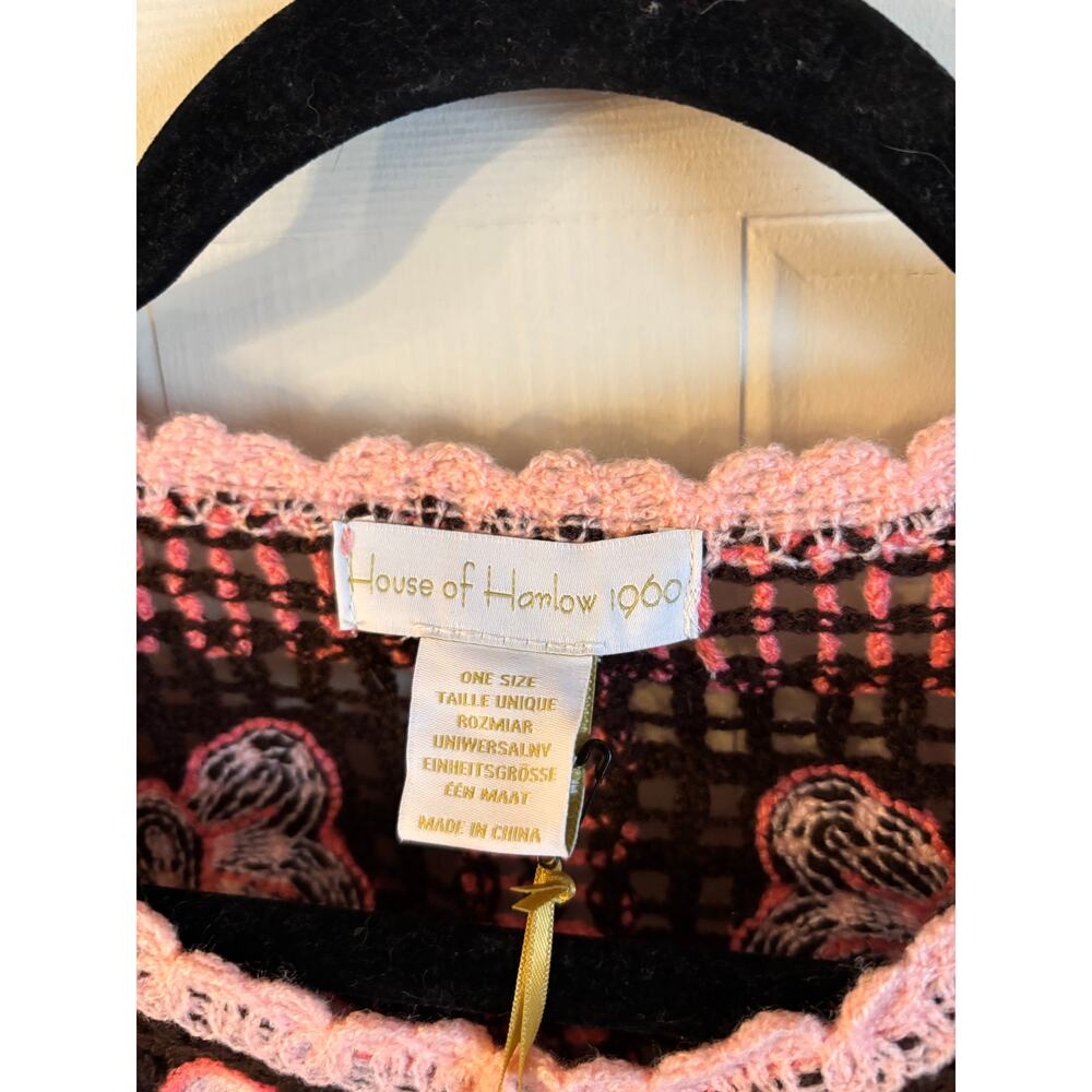 NWT House of Harlow 1960 Crochet Fringed Poncho Pink Bows OS Brown Boho - Picture 6 of 6
